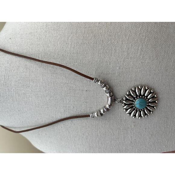 Southwest Silver and Turquoise Sunburst Pendant Necklace on Brown Cord - Picture 2 of 7